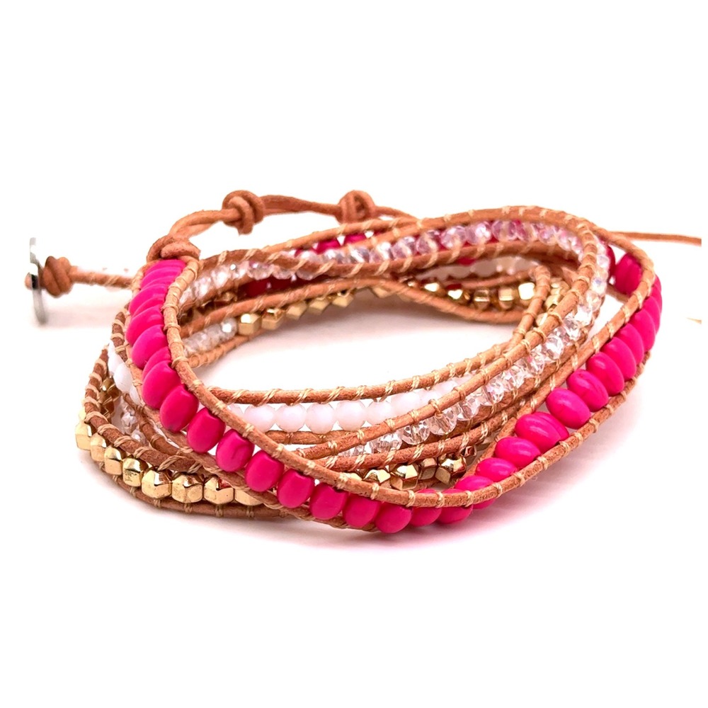Victoria Emerson Pink White Gold Crystal Leather Wrap Bracelet Boho Adjustable